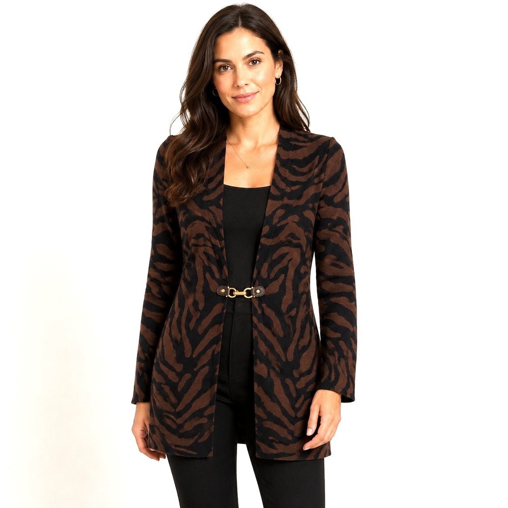 Charter Club Womens Zebra Print Cotton Cardigan Buckle Front Blazer Brown L SONY
